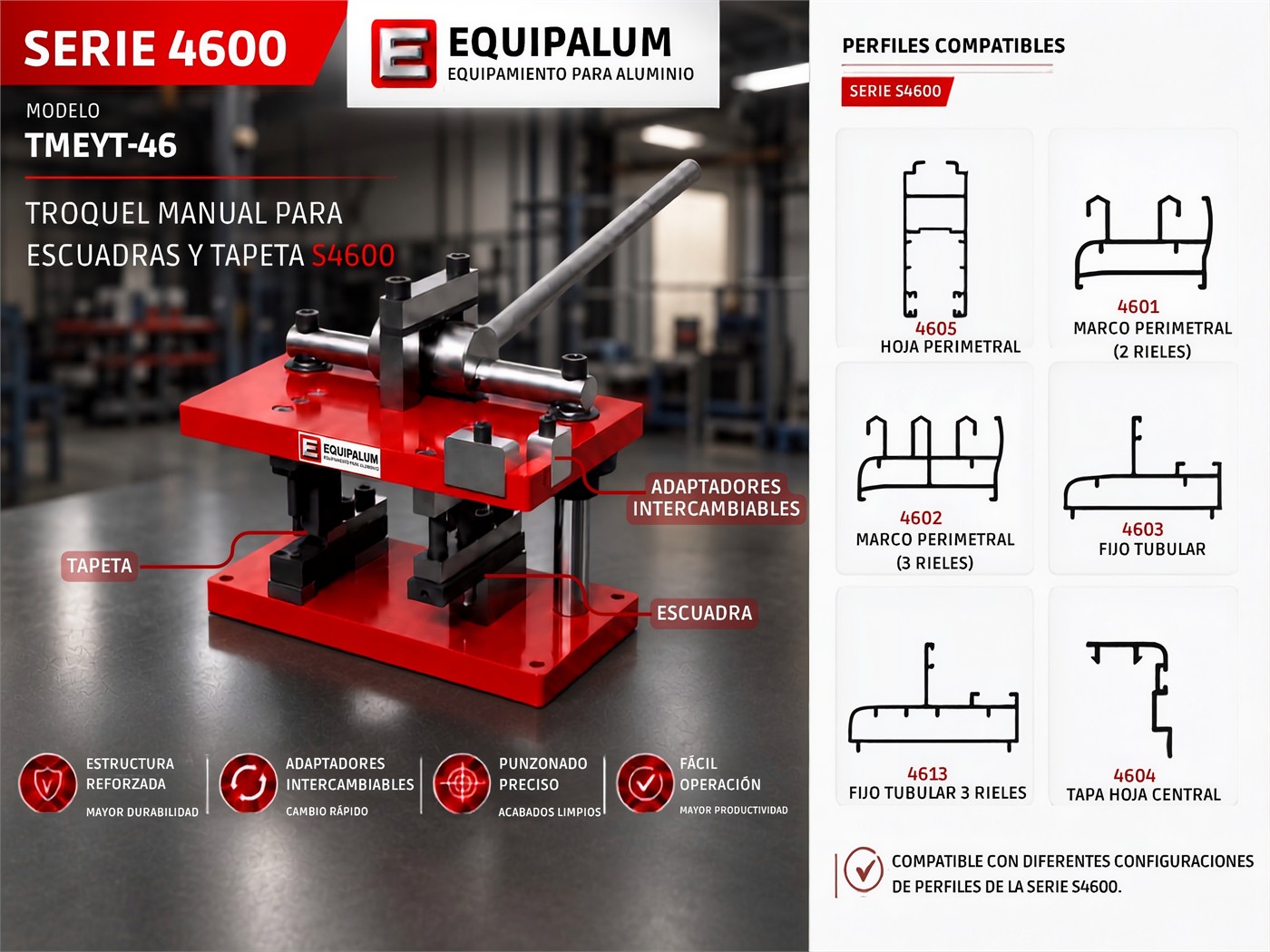 Ficha técnica del troquel manual S4600 (modelo TMEYT-46), Serie 4600 — EQUIPALUM